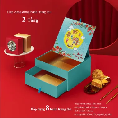 Hộp Cứng 2 Tầng Đựng 8 Bánh Trung Thu – Có Khay Cố Định Cao Cấp