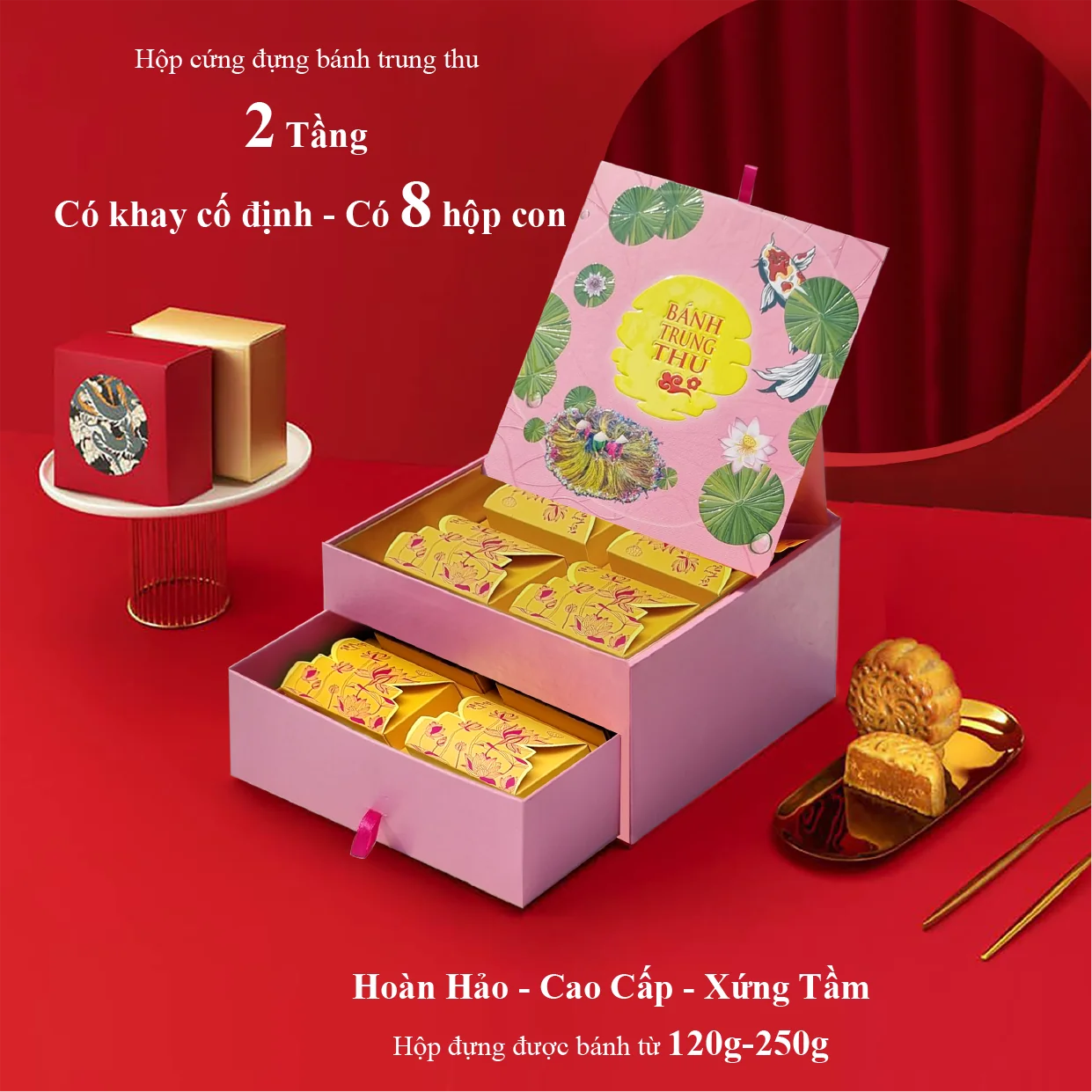 Hộp Cứng 2 Tầng Đựng 8 Bánh Trung Thu – Có Khay Cố Định Cao Cấp