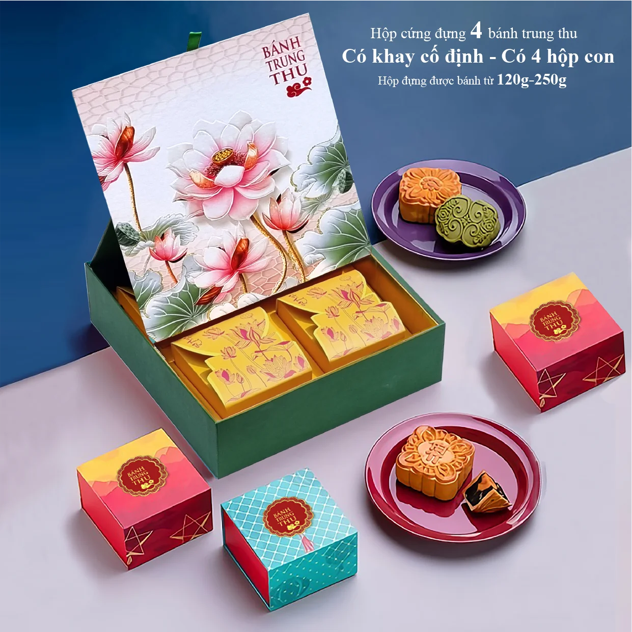 Hộp Cứng Đựng 4 Bánh Trung Thu – Có Khay Cố Định 4 Hộp Con Cao Cấp